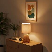 KUNJOULAM Rattan Table Lamp, Small Nightstand Lamp With Linen Fabric Lampshade, Desk Lamp For Living Room Home Office - View 2