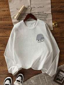 灰色印花圆领长袖T恤，女士休闲宽松百搭打底衫，春秋季 - 淺花灰 - 查看 5