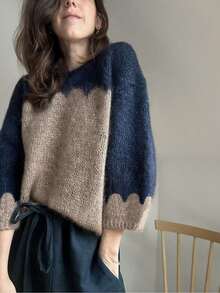 女式圆领落肩长袖撞色罗纹针织毛衣，秋冬