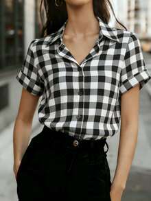 Chemise à carreaux à manches courtes et col pour femmes - Chemise à carreaux classique noir et blanc, convient pour le bureau, le travail, la maison et le port quotidien, printemps/été/automne - Noir et Blanc - Voir 11