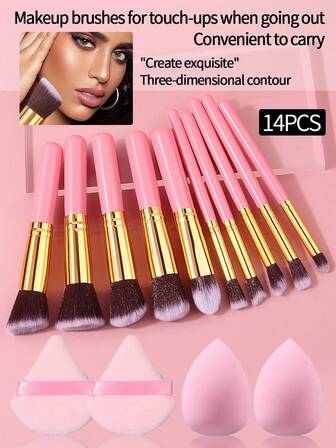 14pcs High-Quality Makeup Brush Set - Wooden Handle Soft Hair Blush Brush, Powder Brush, Concealer Brush, Eyeshadow Brush, Makeup Brushes + Makeup Sponge Blender, Makeup Tools