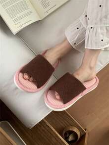 XIXITIAO 1 Pair Retro Color Block Striped Slippers, Soft Sole Comfortable Indoor Couple Slippers, Suitable For Autumn/Winter Home Wear - Coffee Powder - View 11
