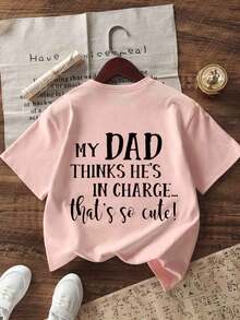 Young Girl Casual Graphic Print Crew Neck Short Sleeve T-Shirt, Summer Top - Pink - View 4