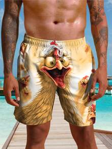 Men's Summer 3D Big Eyes Chicken Printed Beach Shorts - Single Layer Drawstring Lightweight Quick Drying - Multicolor - View 3