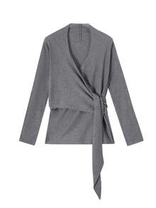 Grey V-Neck Tie-Waist Knit Sweater, Slim Fit Long Sleeve Top, Autumn/Winter New Arrival - Grey - View 5