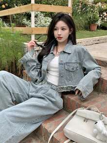 Casual Washed Vintage Denim Jacket, Turndown Collar, Long Sleeve Spring - Blue - View 8