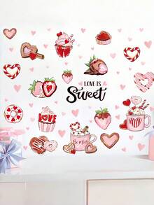 4片装情人节主题窗贴 - 4片甜点图案静电贴窗贴，包含心形/草莓/甜甜圈/纸杯蛋糕设计，可移除PVC窗贴，无需胶水，易于粘贴/撕除，不留残胶 - 彩色 - 查看 5
