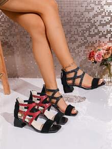 Girl's Rhinestone Low Heel Open Toe Round Toe Zipper Back High Heel Sandals, Chunky Heel, Braided Strap, Versatile, Spring/Summer New Arrival - Black - View 8