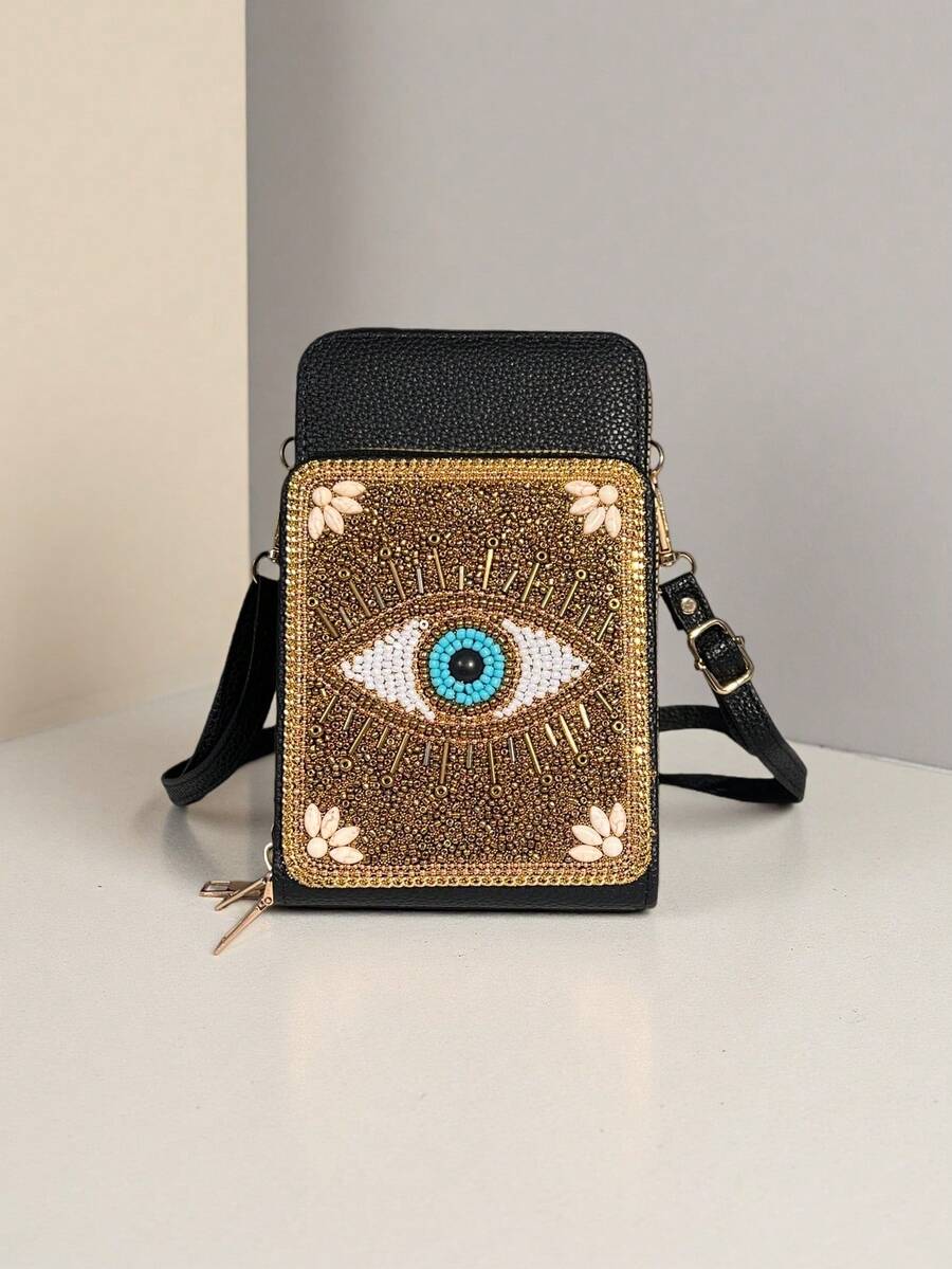 波西米亚神秘之眼三层拉链钱包，女士多层斜挎包，多功能手机袋，大容量可分别收纳手机、钥匙、口红和其他日常必需品