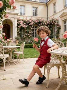 男童夏季休闲绅士套装（3件套）：纯色背心+短裤+领结 - 紅色 - 查看 3