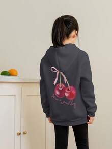 青少年女孩休闲印花保暖连帽运动衫，适合春秋冬季 - 深灰色 - 查看 2