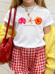 Tween Girls' Casual Printed White Crew Neck Short Sleeve T-Shirt, Summer Top - White - View 1