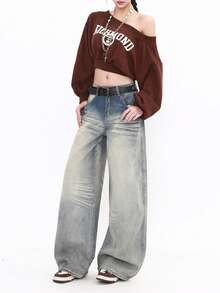 Vintage Washed Cat Whisker Low Waist Wide Leg Jeans Spring Casual - Blue - View 7