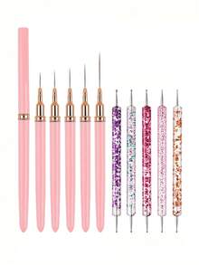 10pcs Nail Art Brush Set, Includes Nail Brushes, Nail Design Brushes, Nail Painting Liners, Double-Ended Nail Files, UV Gel Brushes, Nail Buffing Pens, Nail Liner Pens, Suitable For Home And Professional Nail Salons, Ideal For New Year And Wedding Party Nail Art - Multicolor - View 9