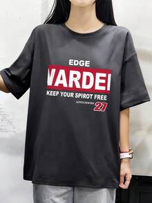 Round Neck Short Sleeve T-Shirt, Summer New Digital Pattern And Letter Print, Fashionable Casual Loose Women's Top - Dark Gray - View 2