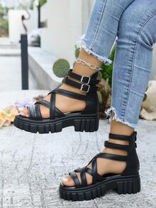 Women's Thick Sole Sandals With Multi-Strap Hook And Loop Design And Back Zipper, Black PU Upper High-Top Roman Sandals, Suitable For Beach, Sand, Casual Holiday - Black - View 4