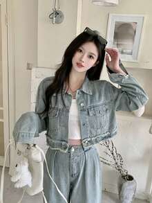 Casual Washed Vintage Denim Jacket, Turndown Collar, Long Sleeve Spring - Blue - View 6