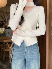 2026 Women's Lace Patchwork V-Neck Long Sleeve Knitted Sweater, Hollow Out Design, Cropped Pullover Top, Spring - Apricot - View 6