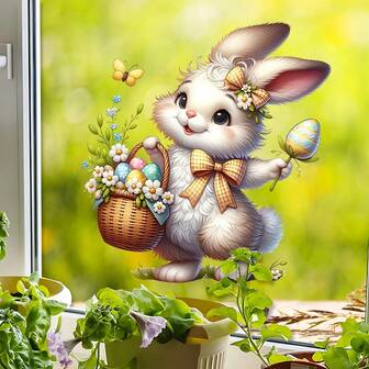1 件可爱兔子提花篮子窗贴，包含彩蛋、鲜花、蝴蝶图案，可移除贴纸，适用于复活节卧室、客厅、家居、橱柜窗户装饰