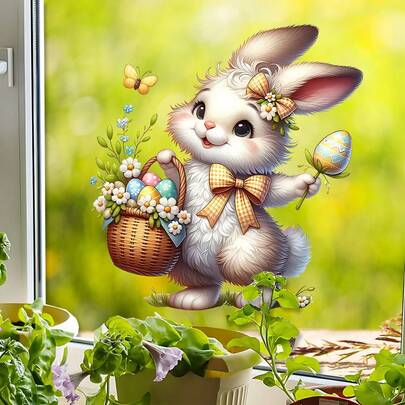 1pc Cute Rabbit Jacquard Basket Window Sticker, Includes Eggs, Flowers, Butterflies Pattern, Removable Decal, Suitable For Easter Bedroom, Living Room, Home, Cabinet Window Decoration