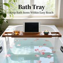 1pc Expandable Bamboo Bathtub Tray | Wine Holder, Phone Slot & Bookrest, Anti-Slip Design, Foldable For Easy Storage