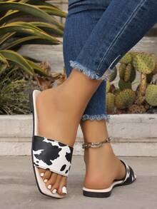 Summer New Cow Print Sandals For Women, Square Toe Strap Retro Casual Slip-On Flat Slippers - Beige - View 7