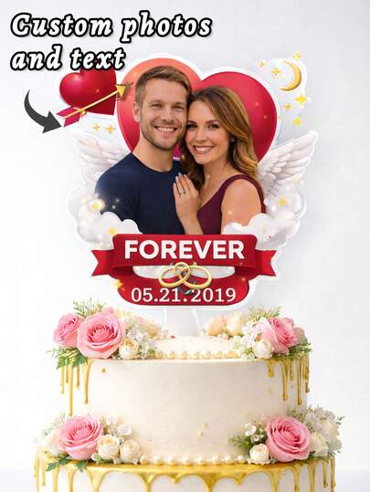 1pc Customized Photo Cake Topper, Personalized Angel Wings & Heart Acrylic Cake Decoration With Ring And Date Design, Upload Your Own Photo And Text, Romantic Cake Decor For Wedding, Anniversary, Engagement, Valentine's Day, Bridal Shower, Memorable Celebration