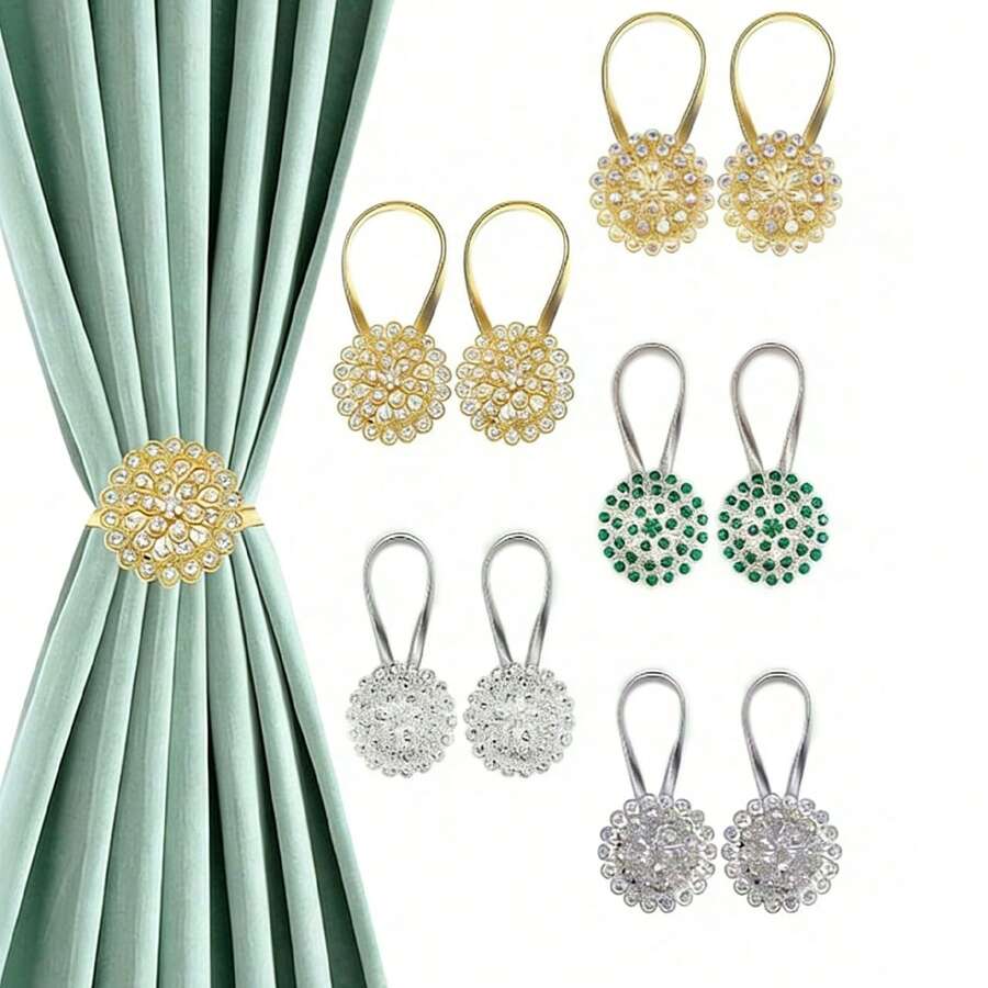 1/2pcs Magnetic Curtain Clips, Golden Crystal Flower Curtain Decor No Drill, Curtain Clips With High Elastic Spring Wire, Home Decor - Multicolor - View 1