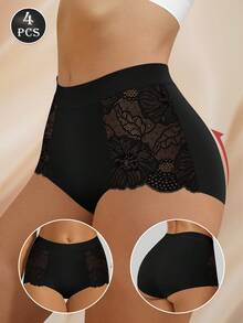 MEIYATING 4条装女士高腰花卉蕾丝网眼拼接无缝透气性感镂空三角裤，适合日常通勤 - 彩色 - 查看 5