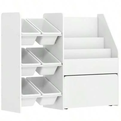 Spielzeugregal, Kinderzimmerregal With 6 Behälter, Bücherablage, Rollbare Box, 100 X 30 X 80 Cm, MDF, Steel, White