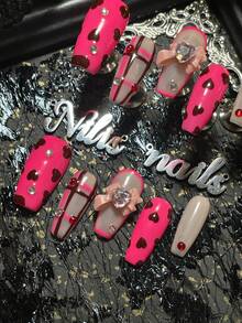 Bộ 10 móng giả acrylic ngắn hình vịt, màu hồng đỏ và trắng, trang trí nơ 3D và kim cương, đá quý nhiều màu sắc, họa tiết trái tim vẽ tay, chấm bi và hình học, phù hợp cho sử dụng hàng ngày, tiệc tùng, ngày lễ, tiệc theo chủ đề, ngày Valentine (Bao gồm: 1 gel dẻo và 1 miếng đánh bóng) Dụng cụ làm móng - Màu Hồng Tươi - Xem 5