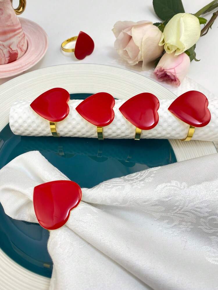 6 piezas, Anillos para servilletas del Día de San Valentín, decoraciones en forma de corazón rojo, ornamentos de mesa, anillos para servilletas, regalos festivos, decoraciones de mesa para fiestas, anillo de servilleta blanco. Decoración de anillo de servilleta para bodas - Rosa Roja - Añade 2