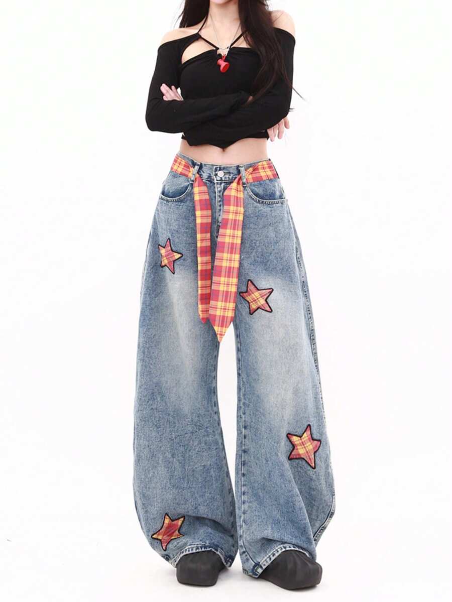 Quần jeans ống rộng rách họa tiết ngôi sao dành cho nữ (kèm thắt lưng) - Màu xanh lam - Xem 1