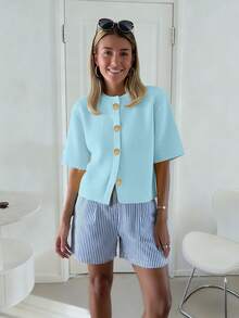 Spring/Summer Women's Fashion French Soft Wax Texture High-End Loose Knit Cardigan, Women's Cropped Relaxed Sweater Top - Baby Blue - View 5