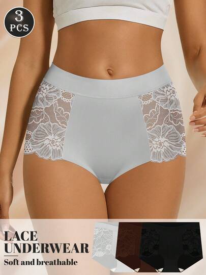 MEIYATING 3 piezas Bragas de mujer de cintura alta con parches de encaje y malla floral, sin costuras, transpirables y sexys con diseño calado, adecuadas para el uso diario