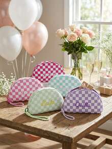 Bolsa de maquillaje bordada a medida con estampado de cuadros | Organizador de artículos de tocador de viaje para mujeres, regalo de despedida de soltera, regalo de ducha nupcial, bolsa de cosméticos para almacenamiento portátil - Multicolor - Ver 1
