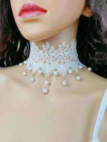 1pc Lace & Pearl Choker Necklace, Gentle Elegant Collar Necklace Chain Suitable For Daily Wear, Vacation, Wedding