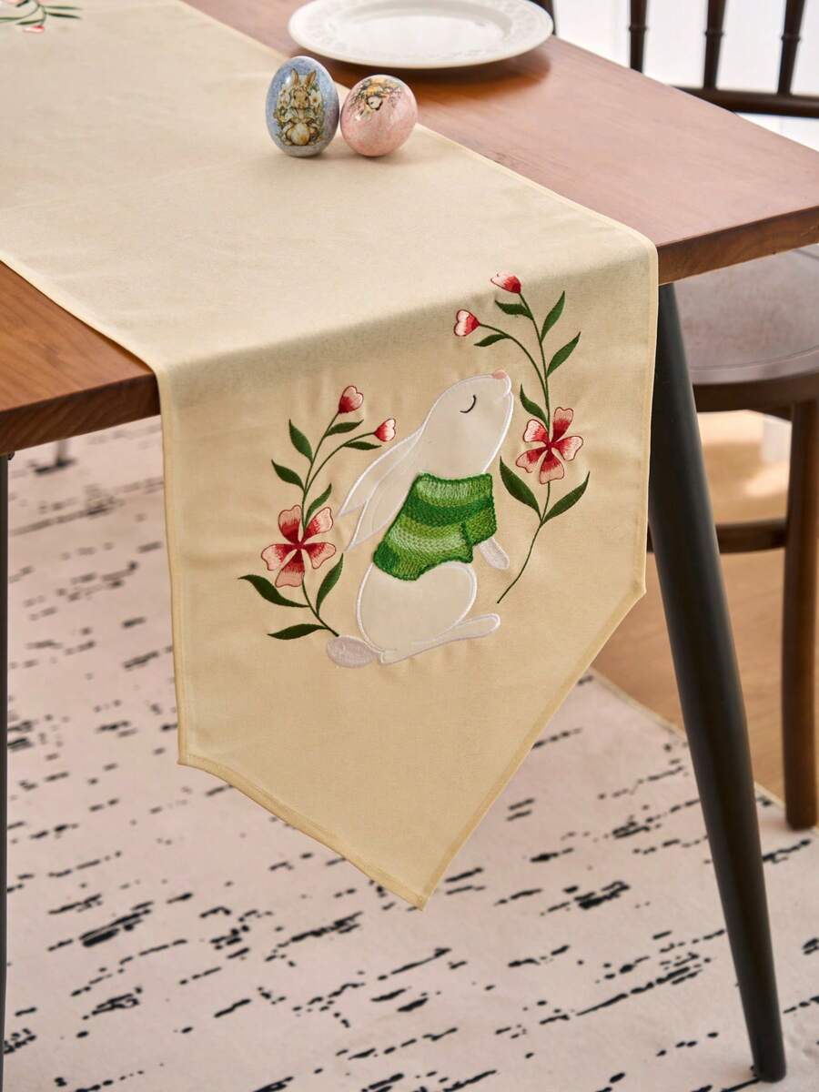 1pc Cute Easter Bunny Embroidered Table Runner, Solid Color Arrow Design Rectangular Table Runner For Kitchen, Living Room, Dining Table, Office Desk, Coffee Table Decor, Suitable For Easter Holiday, Family Party, Dinner