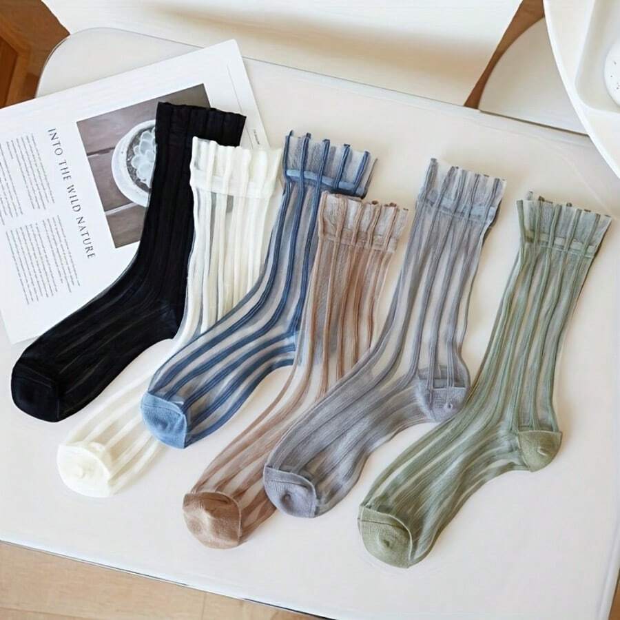 1 Pair Striped Sheer Glass Silk Stockings, Thin Breathable Mid-Calf Socks, Women's Long Socks, Spring/Summer - Multicolor - View 1