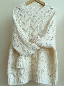 Suéter Branco Francês Vazado de Cor Sólida para Férias na Praia, Crochê Solto Vazado, Suéter Requintado de Alta Qualidade, Cobertura para Festa de Férias, Adequado para Uso Diário, Sobreposição, Férias na Praia, Festa na Piscina - Branco - Visão 4