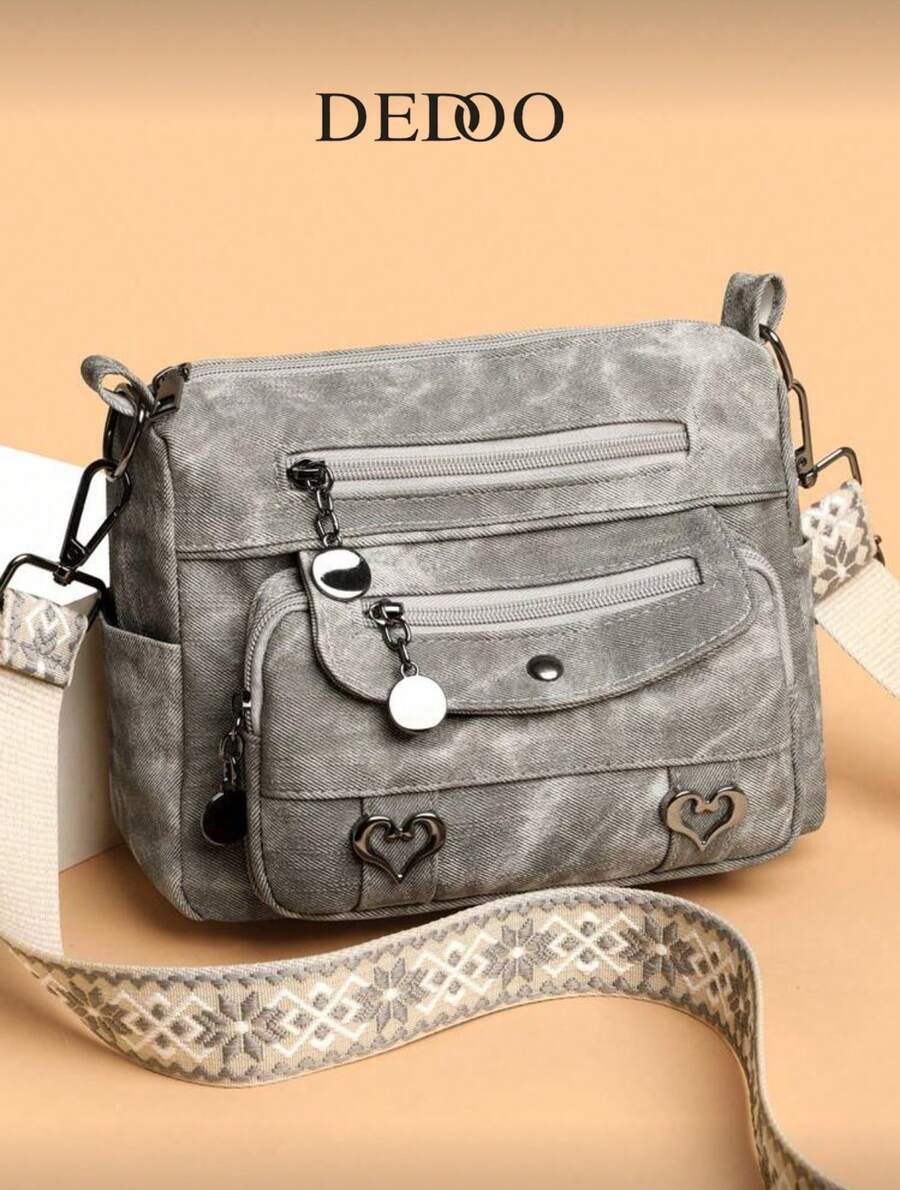 Women Crossbody Bag Made Of Soft Leather, Middle-Aged Shoulder Bag, New Design For Spring & Autumn - Xám - Xem 1