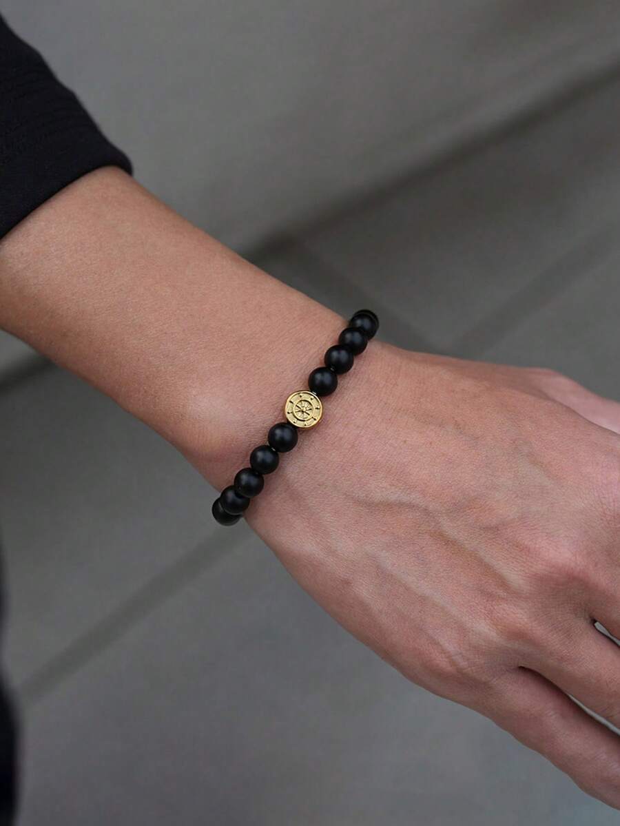 1件男士石珠手链导航指南针手链手工串珠饰品 - 金色 - 查看 1