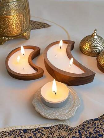 A Wooden Moon-Shaped Aroma Candle, A Creative Design Candle, A Home Decorative Candle, An Eid Al-Fitr Candle, A Ramadan Candle, A Festive Decoration, A Celebratory Candle, A Birthday Gift, A Souvenir, And A Small Present, Especially Suitable For Activities During The Ramadan Period .