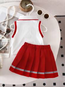 两件套女婴爱心刺绣 Polo 领无袖上衣和缎带腰褶裙套装，可爱优雅街头风 - 紅色 - 查看 2