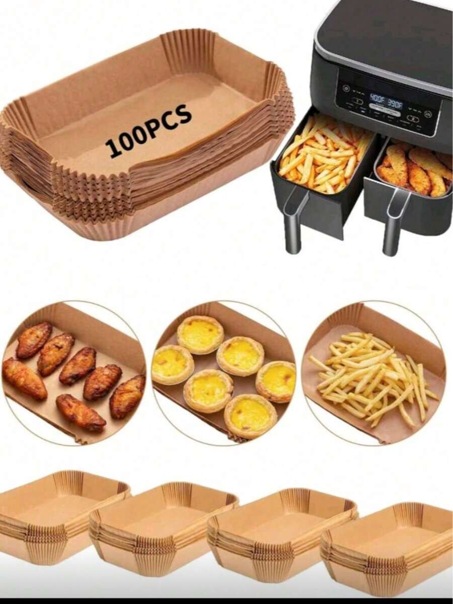 200张一次性空气炸锅烘焙纸垫，长方形，厨房配件，不粘烘焙纸，适用于双面空气炸锅，空气炸锅配件，防油防水，空气炸锅纸垫