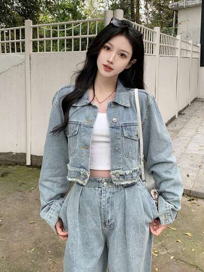 Casual Washed Vintage Turndown Collar Long Sleeve Denim Jacket