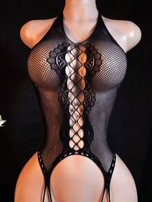 1 Piece Sexy Mesh Women's Lingerie - Body Stocking Neckline Bodysuit Sexy Lingerie, Suitable For Home And Outings - 黑色 - 查看 4