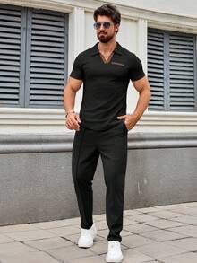 男士休闲套装，户外百搭高端男士华夫格领短袖口袋上衣和纯色长裤两件套 - 黑色 - 查看 6