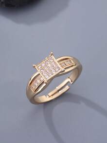 1 pieza Anillo cuadrado de circonita cúbica de dos tonos de moda para mujer, banda ajustable abierta. Adecuado para uso diario de joyería, boda, compromiso, anillos de pareja, regalo, celebración del Ramadán, regalo de Eid Al-Fitr - Anillo cuadrado - Ver 8