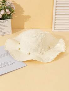 1 pieza Sombrero de sol grande de estilo bohemio con ala ondulada y brisa veraniega, versión coreana con perlas falsas, sombrero casual de protección solar para la playa - Ver 1